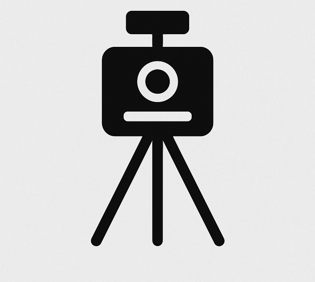 Fotobox Schwarze Kamera auf einem Stativ, grafisches Symbol.